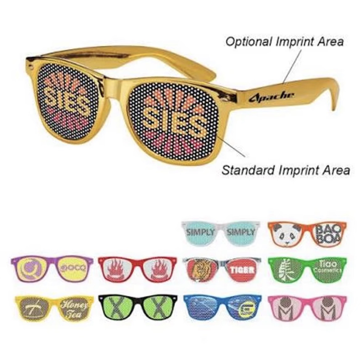 Zones de marquage possibles sur une paire de lunettes sténopé